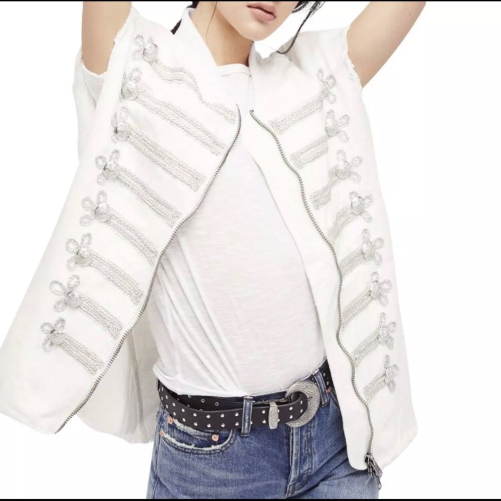 Free People Embroidered Officer Striped Denim Vest - Picture 2 of 8